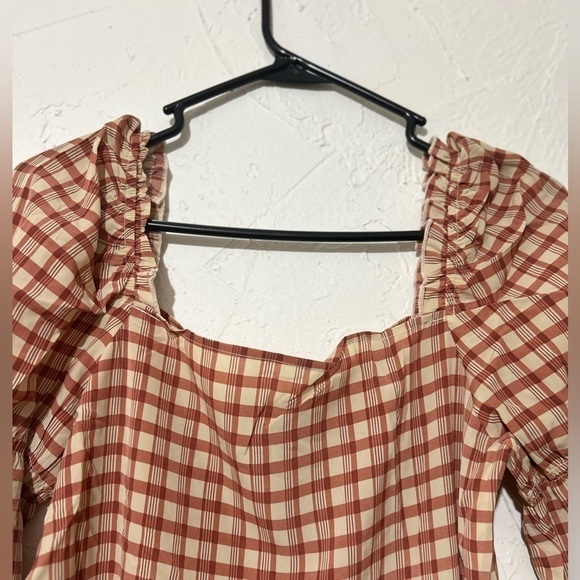 NWT QED London Square Neck Half Sleeve Tiered Smock Gingham Tan Dress Sz 8 - Picture 4 of 8